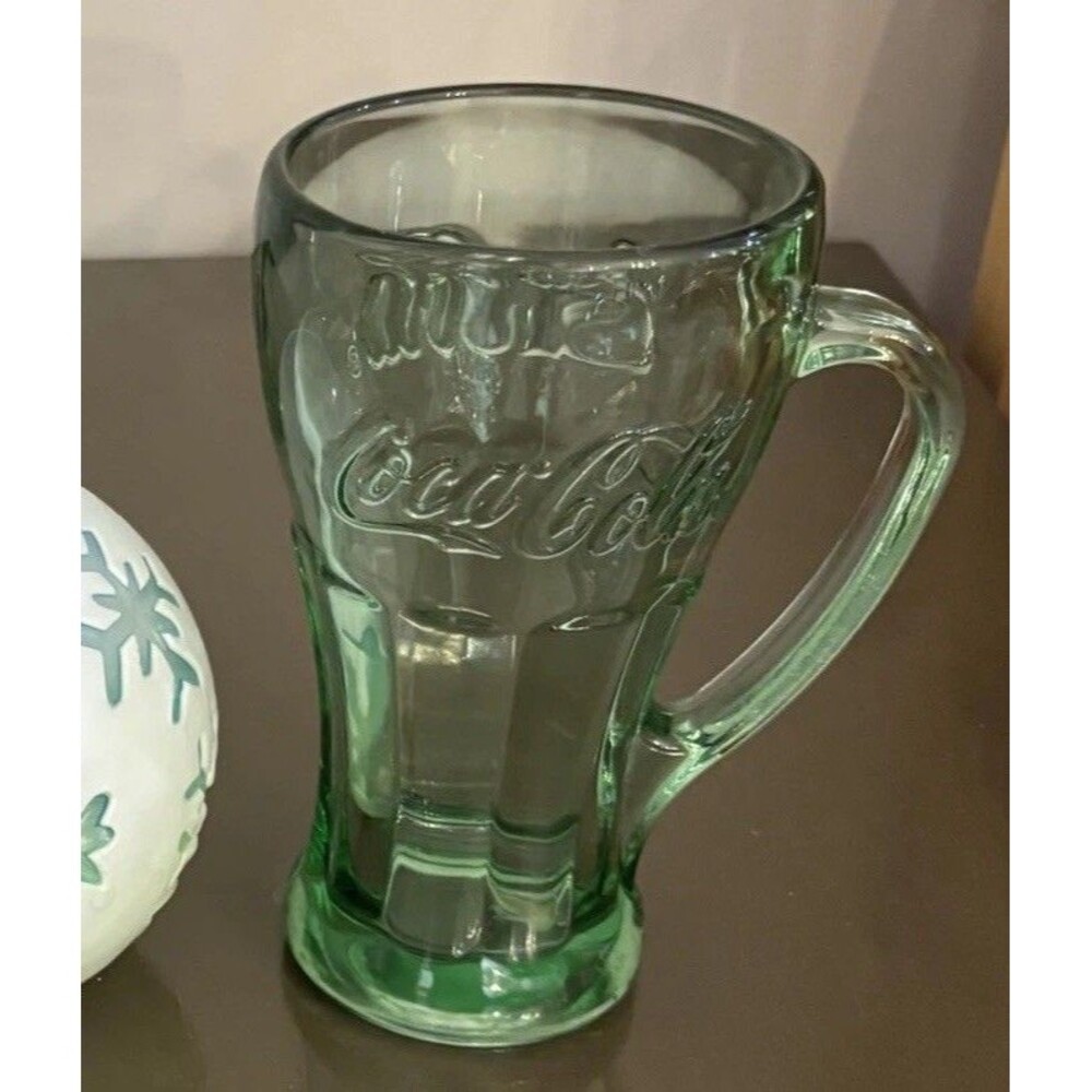 SET of 5 -- Libbey Coca-Cola Glass w/ Handle GA Green Fluted Mugs Heavy 14 oz